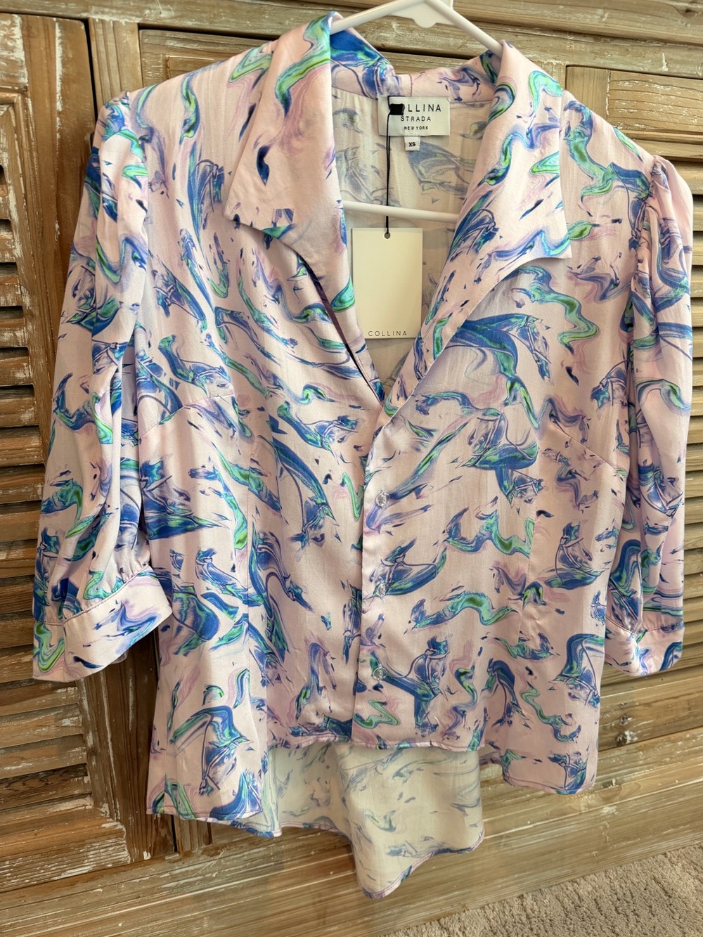 NWT Collina Strada Rose Silk Abstract Swirl Button Up Print Top (Size XS)